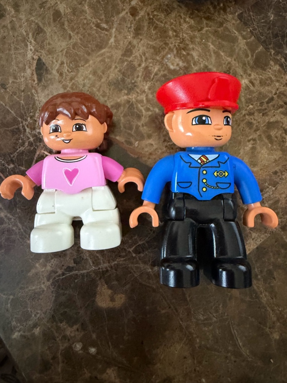 LEGO DUPLO Figures Girl Pink Heart Shirt + Train Conductor Red Hat Lot 2